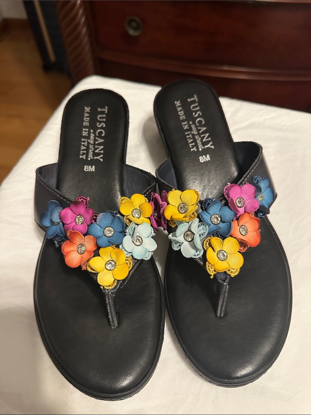Leather Black Flip Sandals with Multicolor Floral Accents
